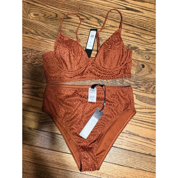 BCBGMaxAzria Other - BCBGMAXAZRIA Animal print Longline top High Waist bottom swim Set Rust NWT Sz 8